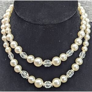 Vintage Faux Pearl Necklace, Two-Strand, Beads, Hook Clasp, Japan, UV Reactive